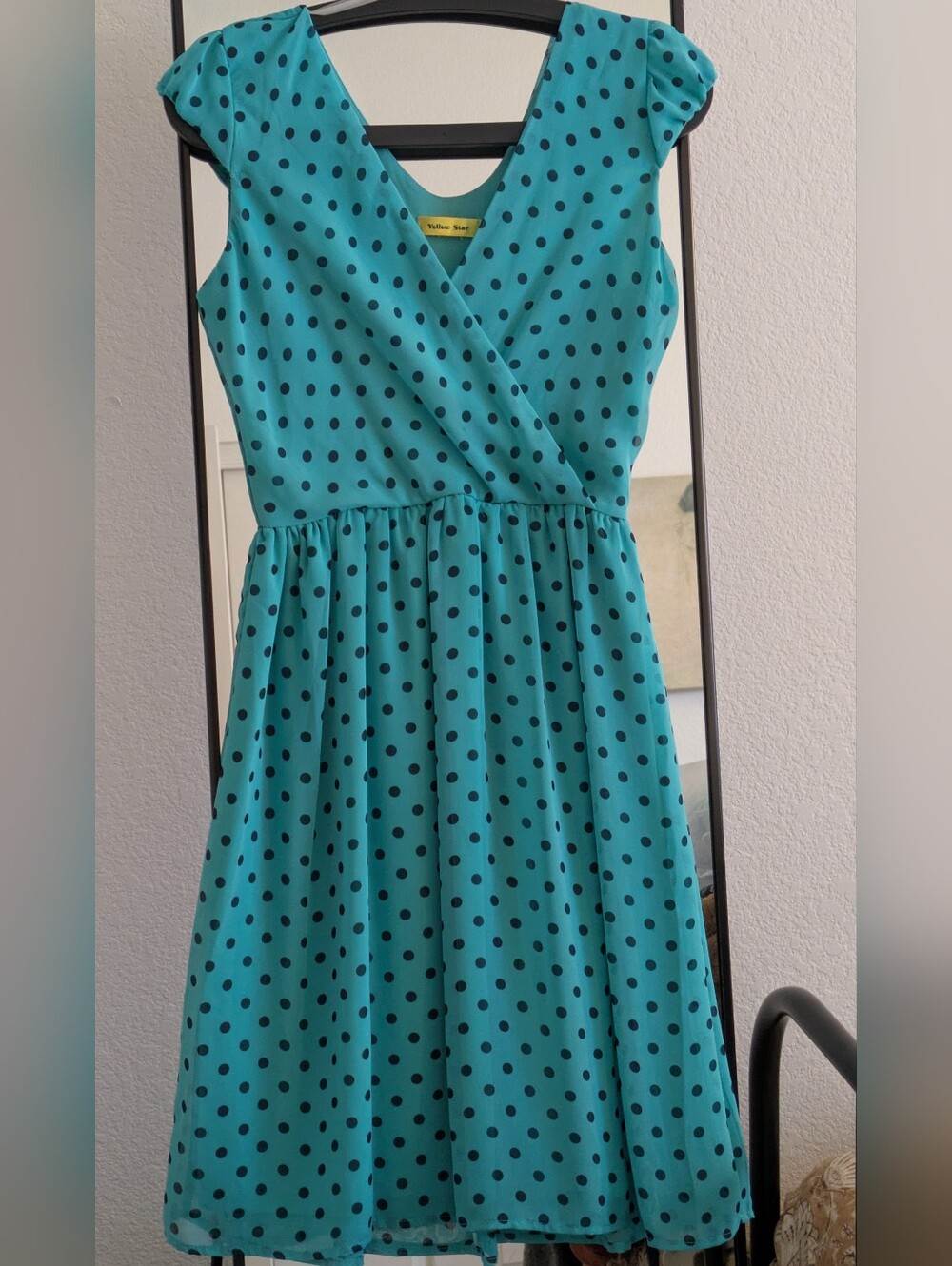 Teal Blue Polka Dot Faux Wrap Dress Cap Sleeve